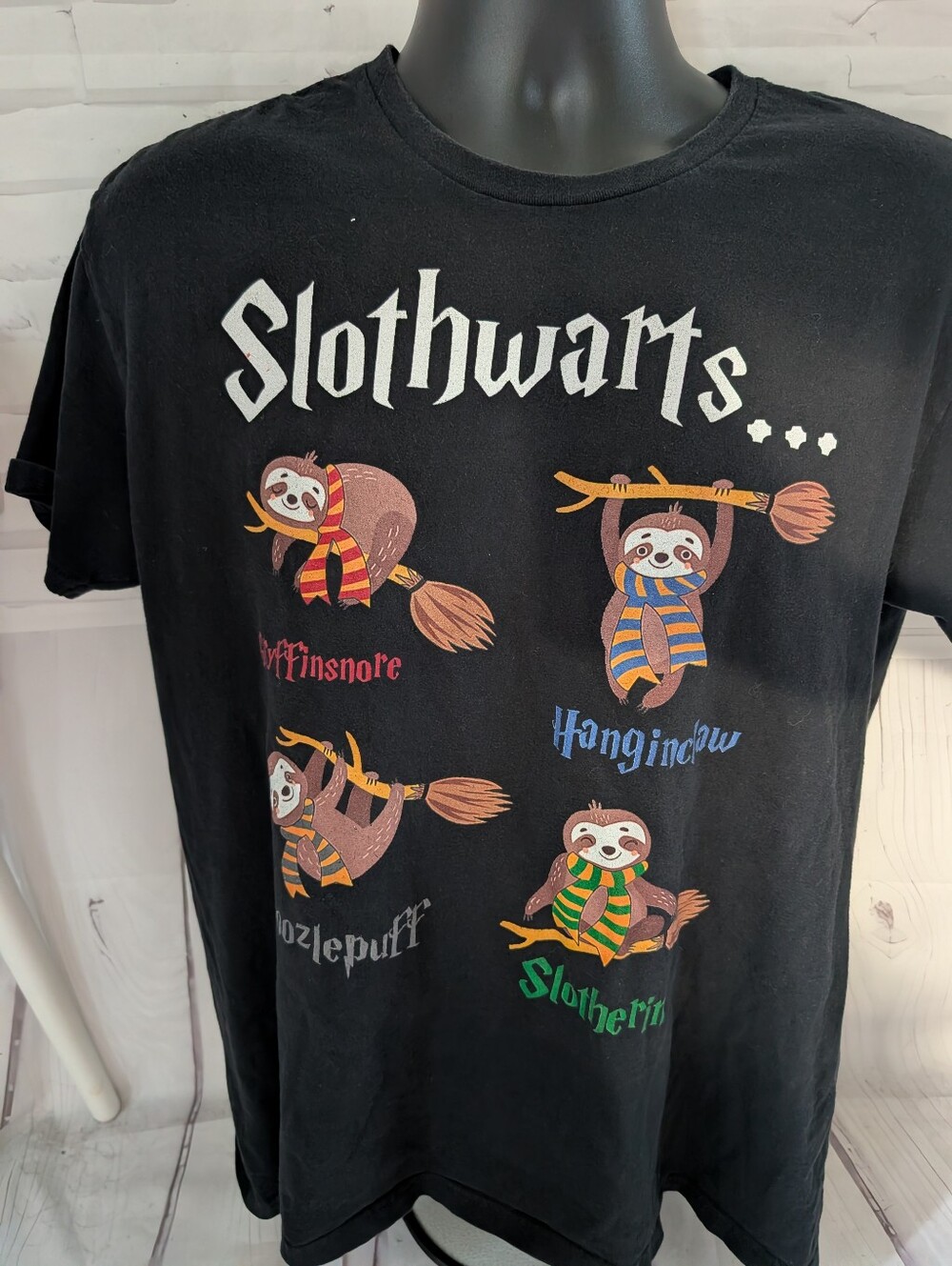 Slothwarts Black Graphic Tee - House Sloth Characters - Unisex
